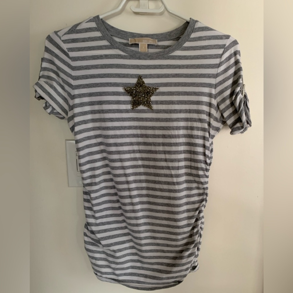 Michael Kors Gray White Striped Embellished Star Tee Size S
